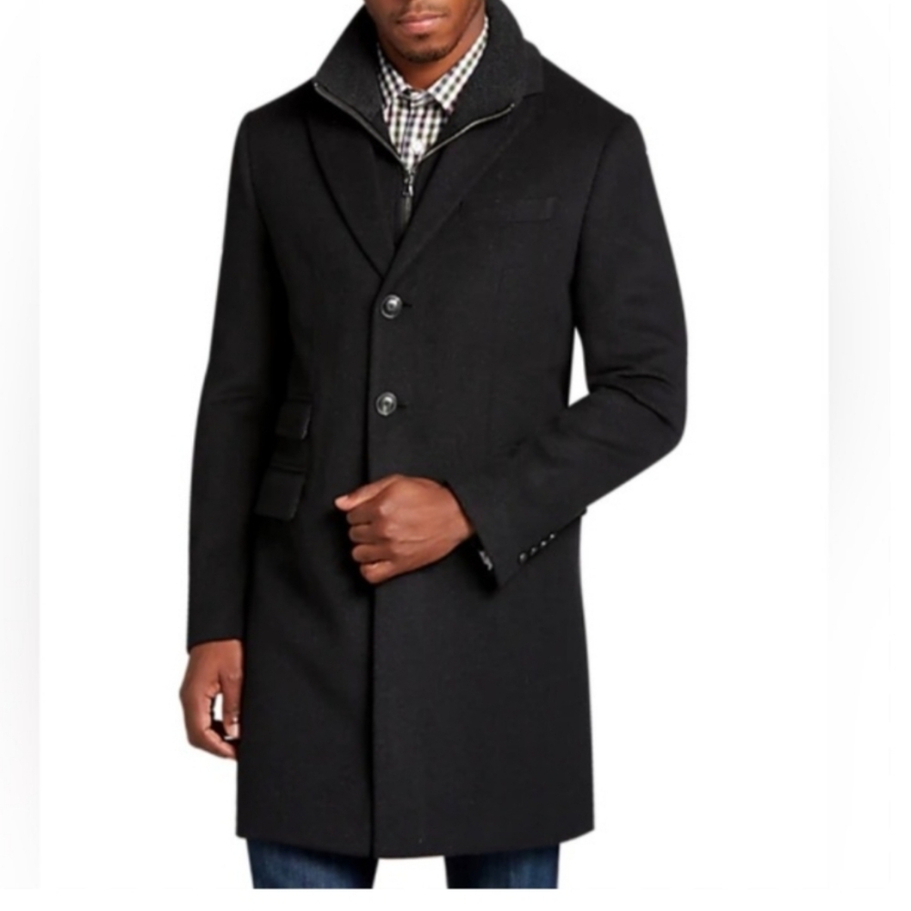 Egara mens black layered wool car coat slim fit S removable mock neck